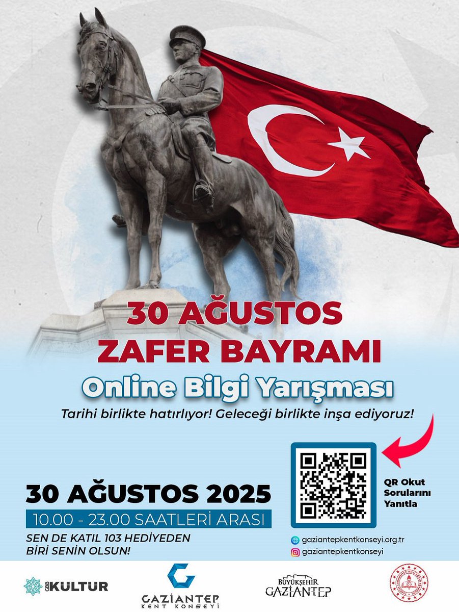 30 AGUSTOS ZAFERİN İZİNDE ONLİNE BİLGİ YARIŞMASI!
Tarihi birlikte hatırlıyor, geleceği birlikte inşa ediyoruz!
Şehrin dört bir yanında QR kodlu afişler seni bekliyor.
Tara – Cevapla – Ödülü kap!
⏳ 90 saniyede 5 soru
genc.gaziantep.bel.tr/30-agustos 
#30Ağustos