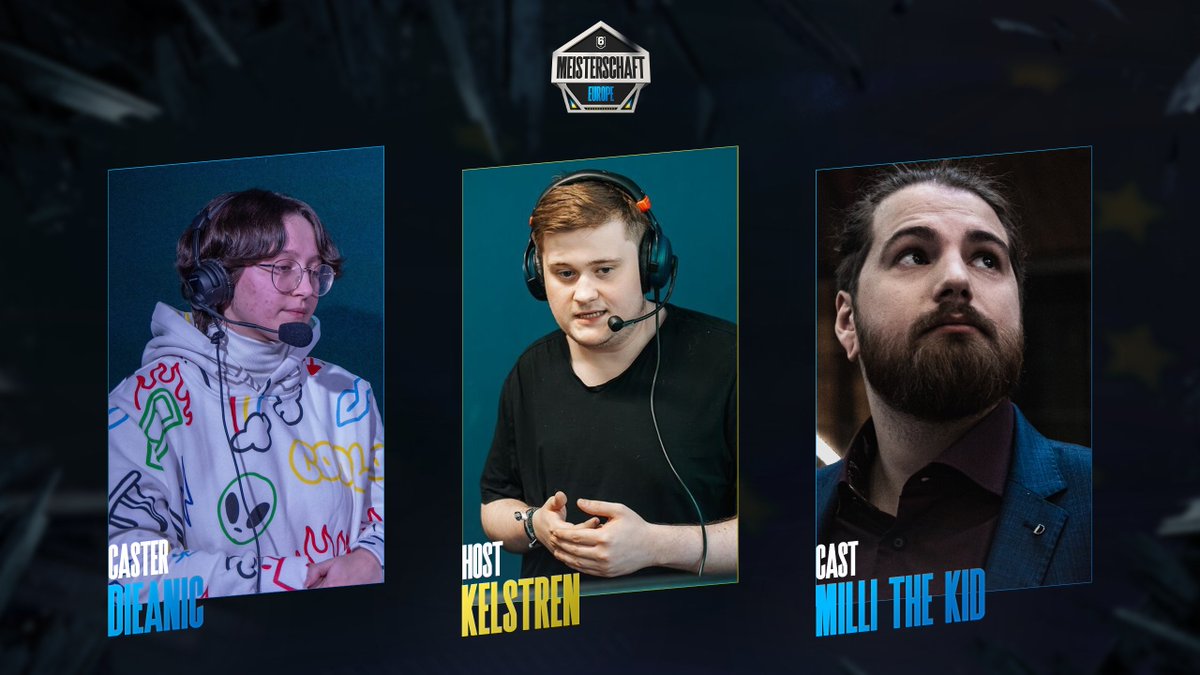 Our Talents for the first Group Stage Day!🥳  

🔴 LIVE on twitch.tv/DieMeisterscha… at 19 CEST  

🎙️ Host: <a href="/Kelstren1/">Kelstren</a> 
🎧 Caster: <a href="/MilliTheKid_/">MilliTheKid</a> &amp; @Dieanic 
🎮 Observer: <a href="/Petak_R6/">Petak</a> 
🖥️ Producer: <a href="/Paeprock/">Paeprock</a>  

Any predictions on who'll be the first winner of Die Meisterschaft: EU