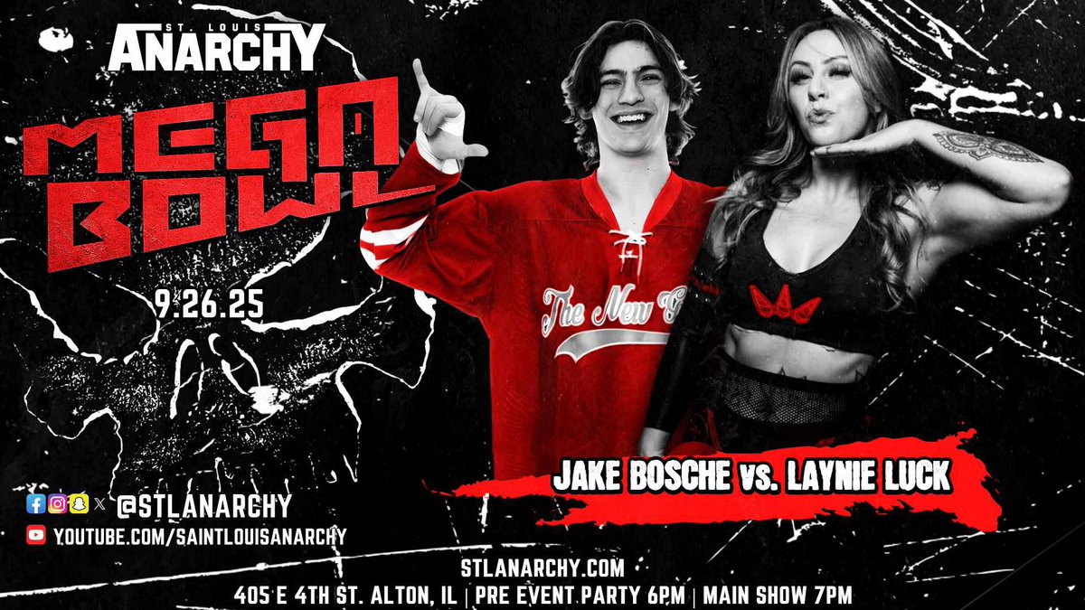 St. Louis Anarchy (@stlanarchy) on Twitter photo We’ve got four absolute barnburners signed for The #SLAMegaBowl on September 26th.
🎟️🎟️ STLANARCHY.COM 🎟️🎟️
<a href="/BillieStarkz/">BIG Billie Starkz • ビリー・スタークス</a> vs. <a href="/anakinsadmurphy/">anakin murphy</a> in an exhibition of excellence
<a href="/SeanOrleans/">Sean Orleans, Noted Raconteur</a> vs. <a href="/ColourTestVA/">Victor Analog</a> in a visage of violence
<a href="/StiffRoboGinger/">Gary Jay 👊🤖😾</a> vs. <a href="/mdcon420/">MAD DOG CONNELLY</a> in a We’ve got four absolute barnburners signed for The #SLAMegaBowl on September 26th.
🎟️🎟️ STLANARCHY.COM 🎟️🎟️
<a href="/BillieStarkz/">BIG Billie Starkz • ビリー・スタークス</a> vs. <a href="/anakinsadmurphy/">anakin murphy</a> in an exhibition of excellence
<a href="/SeanOrleans/">Sean Orleans, Noted Raconteur</a> vs. <a href="/ColourTestVA/">Victor Analog</a> in a visage of violence
<a href="/StiffRoboGinger/">Gary Jay 👊🤖😾</a> vs. <a href="/mdcon420/">MAD DOG CONNELLY</a> in a