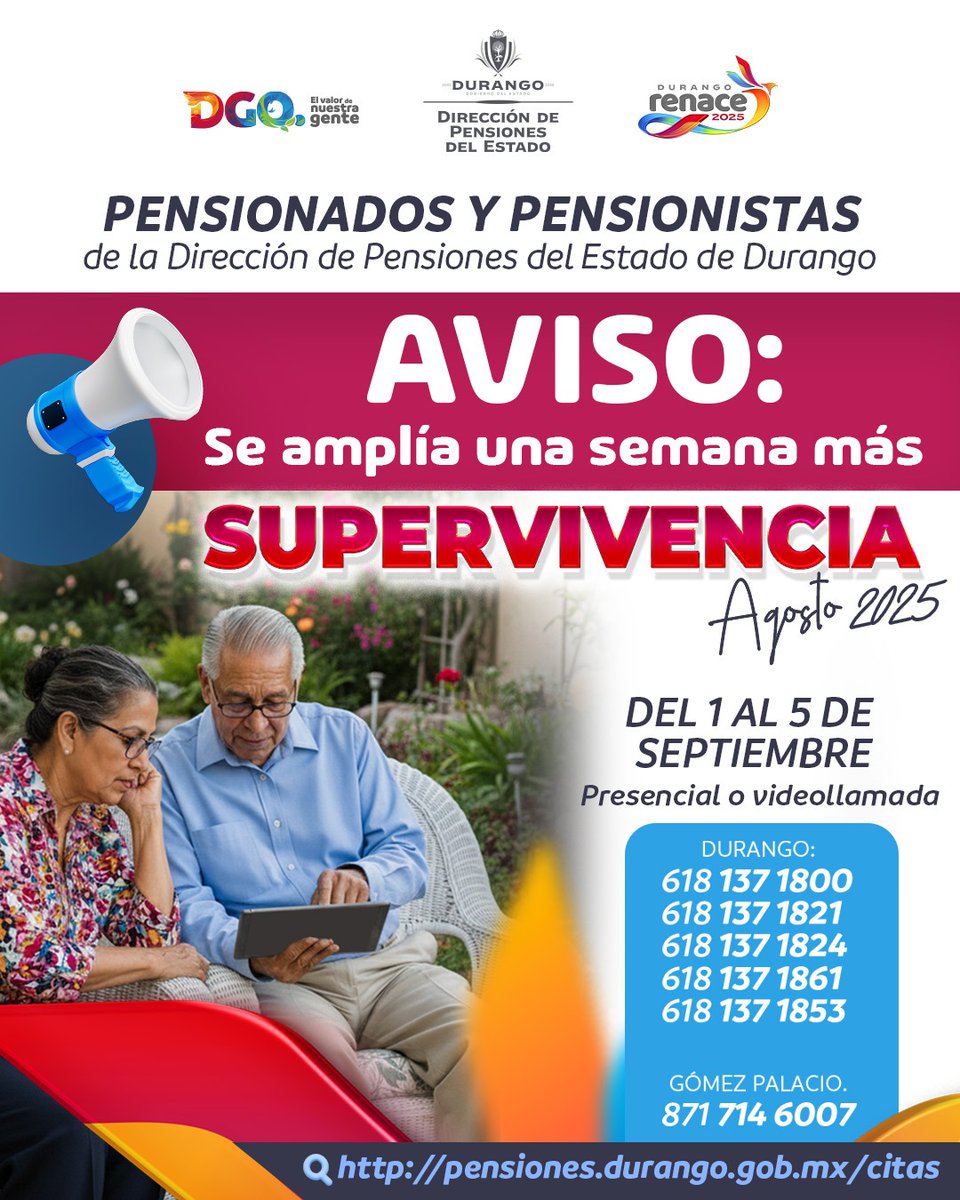 dpedgo's tweet image. ¡AVISO! Para nuestros pensionados y pensionistas. Citas: pensiones.durango.gob.mx/citas/index.ht…