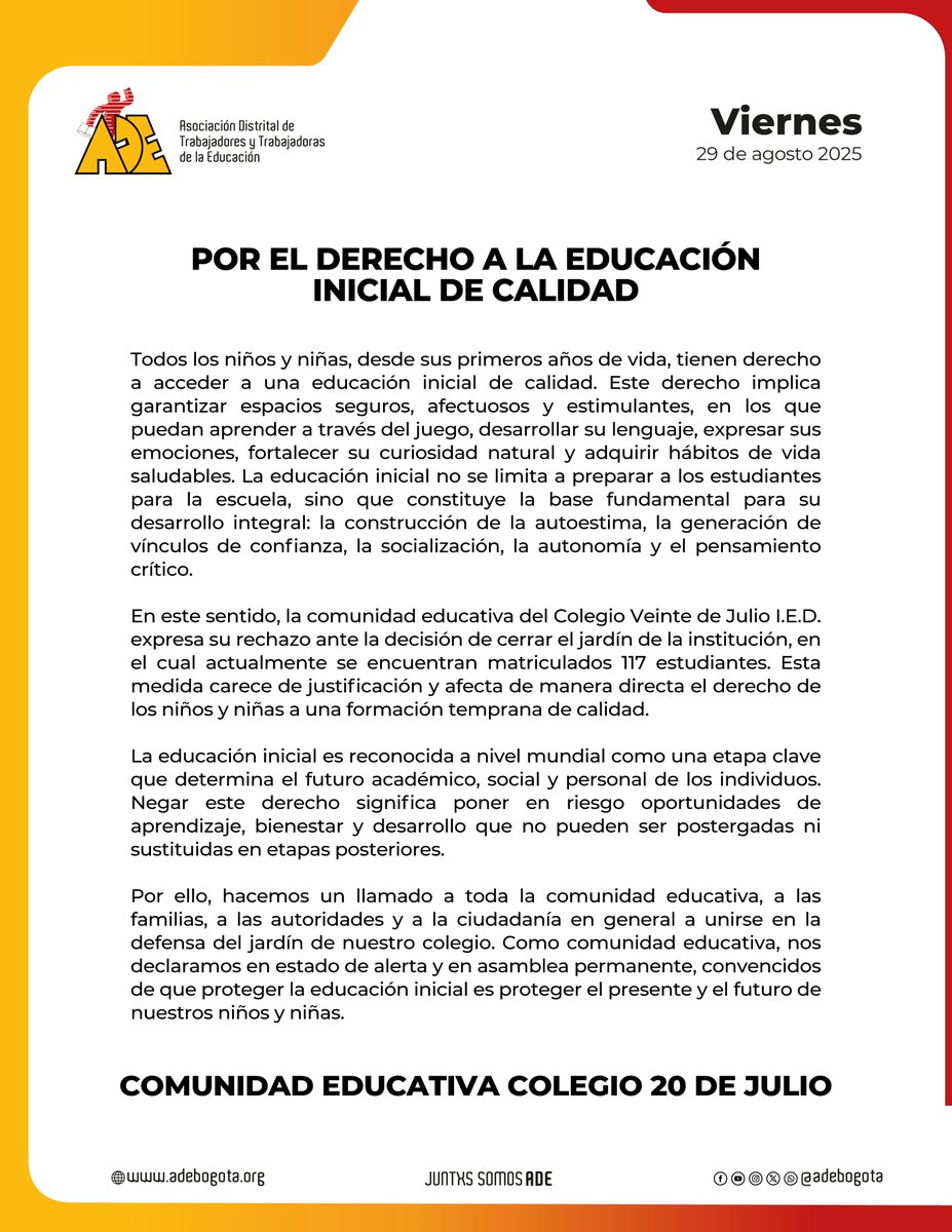 📢 ¡𝐋𝐚 𝐞𝐝𝐮𝐜𝐚𝐜𝐢ó𝐧 𝐢𝐧𝐢𝐜𝐢𝐚𝐥 𝐞𝐬 𝐮𝐧 𝐝𝐞𝐫𝐞𝐜𝐡𝐨, 𝐧𝐨 𝐮𝐧 𝐩𝐫𝐢𝐯𝐢𝐥𝐞𝐠𝐢𝐨!

Desde el Colegio Veinte de Julio I.E.D. rechazamos el cierre del jardín escolar que afecta a 117 niños y niñas.

⚠️ Negar la educación inicial es negar futuro, oportunidades y