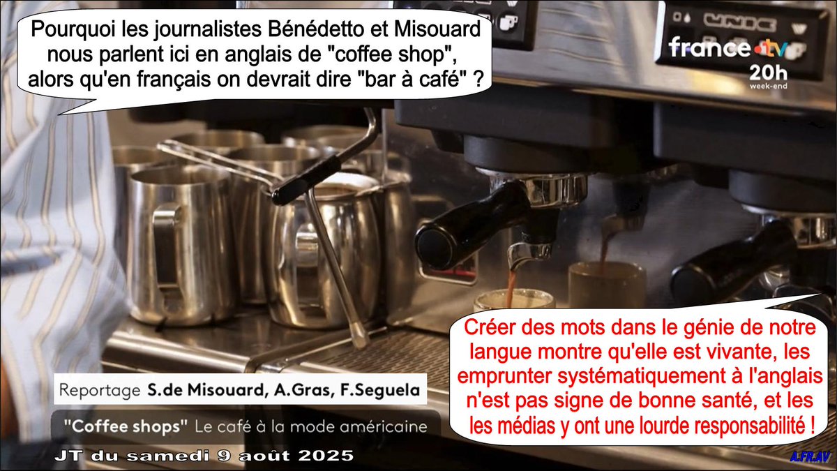 Le suicide français : des mots anglais pour effacer les mots français ! 
À <a href="/julienbenedetto/">julien benedetto</a> <a href="/S_Pierard/">Siegrid Piérard de Misouard</a> #franceinfo #Arcom <a href="/TribuneDimanche/">La Tribune Dimanche</a> #journaliste <a href="/MinistereCC/">Ministère de la Culture 🇫🇷</a> #café <a href="/languesFR/">Ministère-DGLFLF</a> #JT20h #languefrançaise #France2 <a href="/le20hfrancetele/">Le20h-France Télévisions</a> #MédiaPublic #FranceTV #JT20hWE #Baràcafé #bar