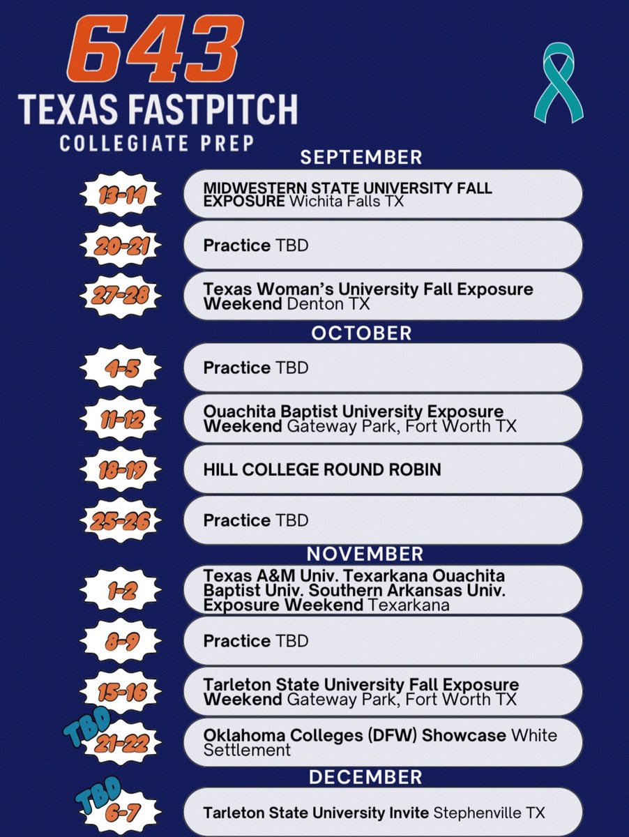 PriyaDouglass's tweet photo. Fall ball schedule is out! Can't wait to get back at it with my team!! Let's Go 643!!!
@SUPiratesSB 
@CoachLynnSUSB 
@Midlo_Sball 
@TakeCharge_SB https://t.co/obDaldKUwI