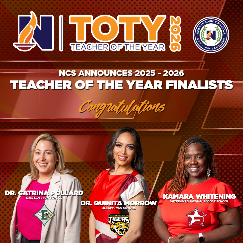 Congratulations to our three finalists for Newton County Teacher of the Year: Dr. Quinita Morrow, <a href="/Ahs06_tigers/">Alcovy High School Covington</a>; Dr. Catrina Pollard, <a href="/EHS_Eagles/">Eastside High School</a>; and Ms. Kamara Whitening, <a href="/VMMS_Generals/">Veterans Memorial MS</a>! 

Read all about them:  newtoncountyschools.org/departments/pu…