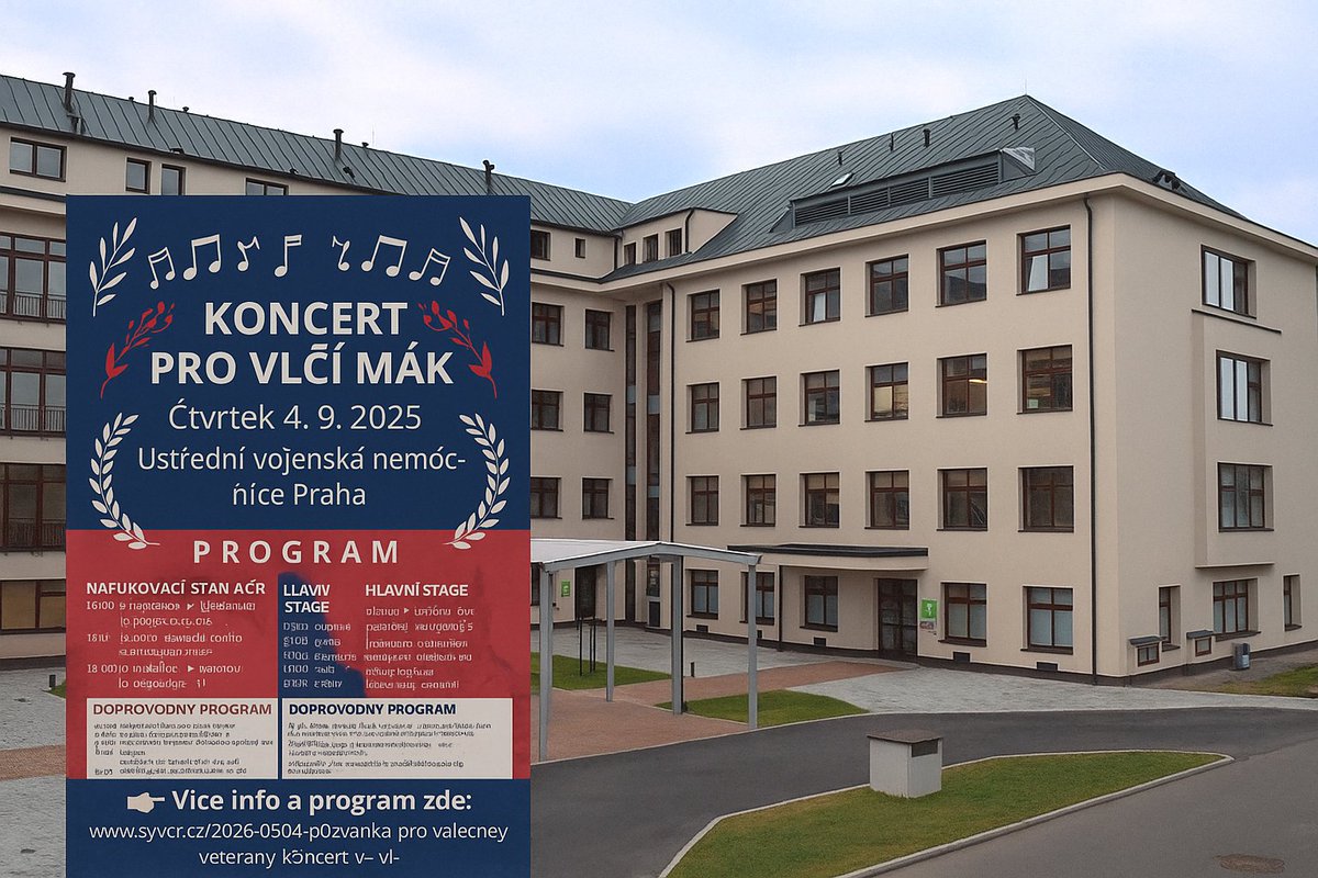 2025 0904  Koncert pro Vlčí mák 
Termín: čtvrtek 4. září 2025
Místo: Ústřední vojenská nemocnice Praha
Organizuje z. s. TAP pod záštitou Ministerstva obrany ČR. Součástí programu budou doprovodné ukázky a rozhovory s válečnými veterány.

svvcr.cz/2025-0904-pozv…