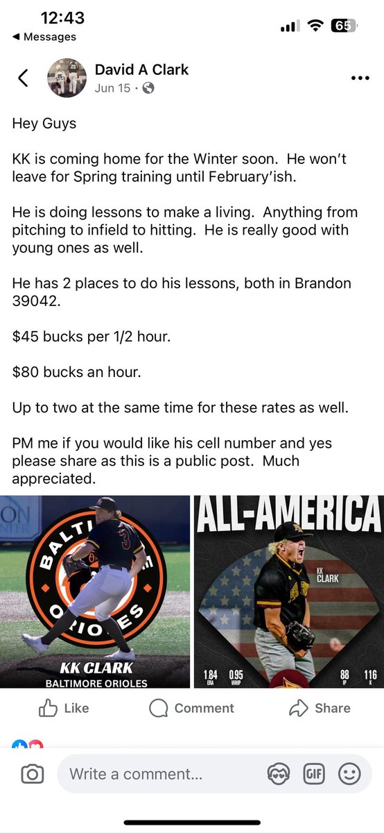 🚨Baseball lessons🚨

I’ll be doing baseball lessons for local kids over 8 years old while I’m home for the offseason. DM me if interested. Details for time and price are in the picture attached below.