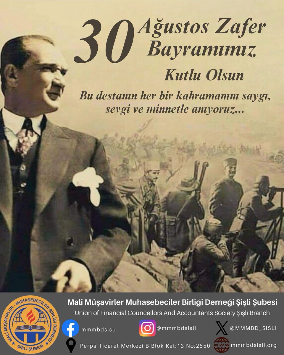 MMMBD_SiSLi's tweet photo. Atatürk'ün işaret ettiği yolda, Türk milletinin bağımsızlık ve hürriyetini sonsuza dek yaşatacağımıza olan inancımız tamdır. 
Bağımsızlık ve hürriyet mücadelemizin yıldönümü olan 30 Ağustos Zafer Bayramı hepimize kutlu olsun!
MMMBD Şişli Yönetimi
#30Ağustos 
#ZaferBayramı https://t.co/RWmxesYFTG