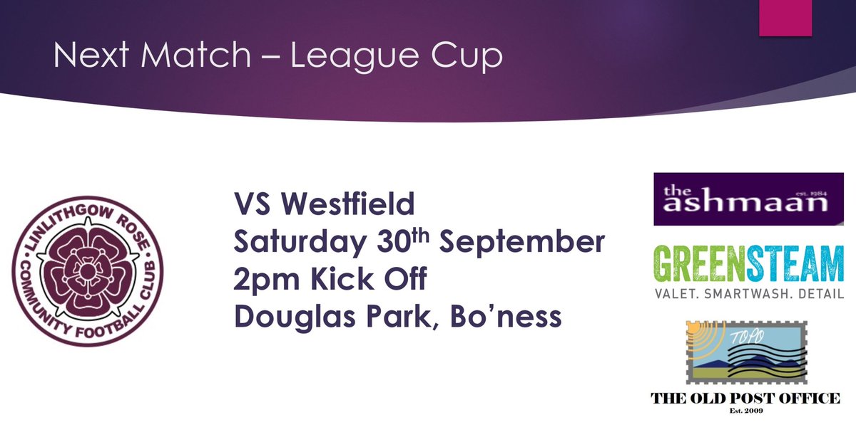1st round of the League Cup tomorrow!

#HTG

The Ashmaan 
The Old Post Office, Linlithgow 
Greensteam Valeting &amp; Smart Wash