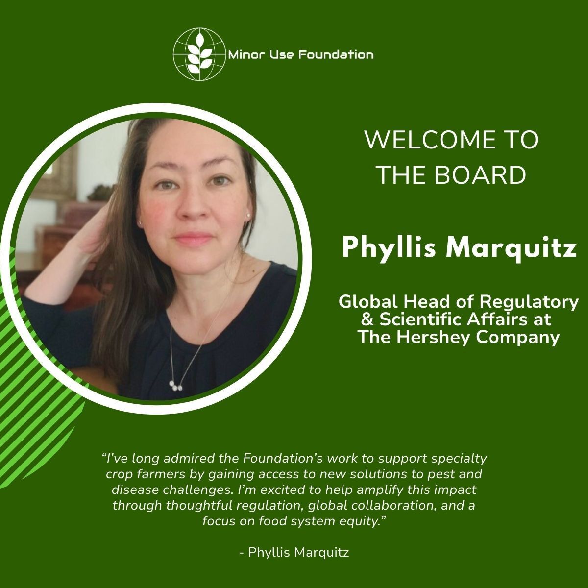 MinorUseFndn's tweet image. We’re excited to announce that Phyllis Marquitz, Global Head of Regulatory &amp;amp; Scientific Affairs at The Hershey Company, has joined the Board of Directors of the Minor Use Foundation! #MinorUseFoundation #BoardLeadership