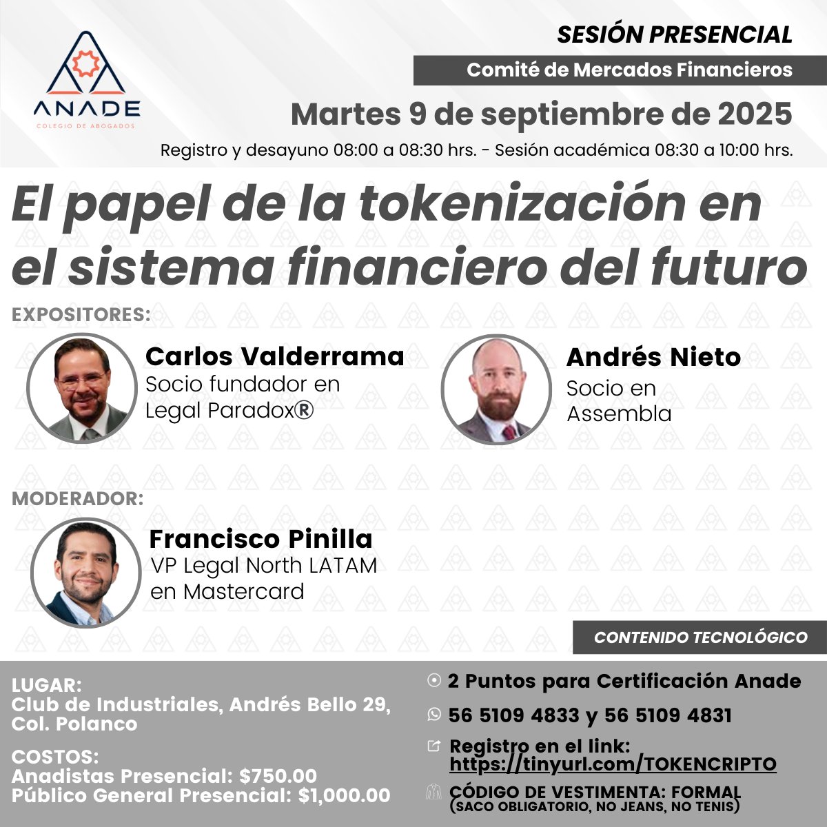 🔍 Los avances tecnológicos que están detrás de las criptomonedas, como la criptografía, blockchain o la tecnología de registros distribuidos (DLT)

🗓 Fecha: martes 9 de septiembre 2025
🛎️ Registro: tinyurl.com/TOKENCRIPTO

#NuestraResponsabilidadEsHoy #ANADE2025