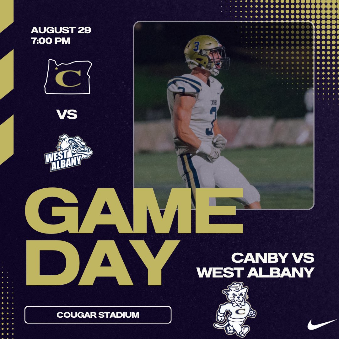 It’s a Gameday in Canby!!!
#7 West Albany Bulldogs vs #8 Canby Cougars
📍Canby High School: Cougar Stadium
⏰ 7:00 PM
#WinTheDay #RISE
<a href="/canbyschools/">Canby School District</a> <a href="/CanbyAthletics/">Canby Athletics</a> <a href="/CanbyHighSchool/">Canby High School</a>