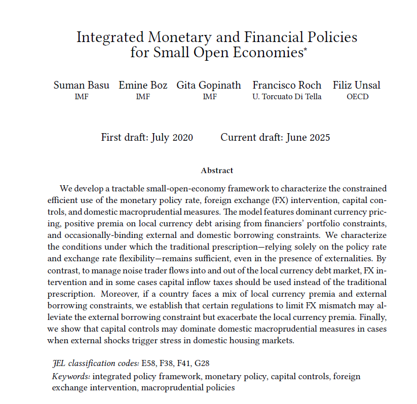 Many open economies face multiple frictions, including currency premia and constraints on external &amp; domestic debt. This article links the desirability of FX intervention, capital controls and prudential limits to the mix of frictions and how they interact.econometricsociety.org/publications/e…
