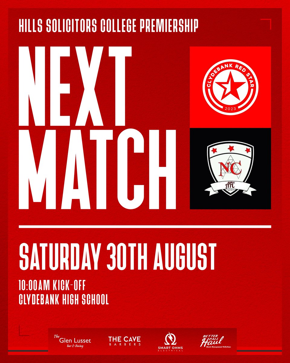 NEXT MATCH ⚽️

Tomorrow sees Red Star look to get our first win of the new season as we welcome Nethercraigs to Clydebank High.

Come support us if you can 👏🏻

🔴⚫️

<a href="/GlasCollegesFA/">Glasgow Colleges FA</a> 
<a href="/ftsc0res/">fulltimesc0res</a> 
<a href="/scottish_aff/">AmateurFixturesResultsSCO</a> 
<a href="/NethercraigsUtd/">Nethercraigs AFC</a>