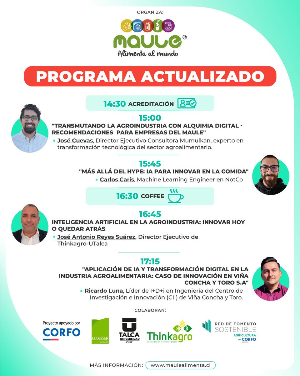 Seminario “Casos Prácticos de IA y Digitalización”

🗓 Mar 2 sept | 14:30 hrs
📍 Univ. de Talca

👉 Inscríbete GRATIS: tinyurl.com/AgroIA-Maule
⛔ Cupos limitados