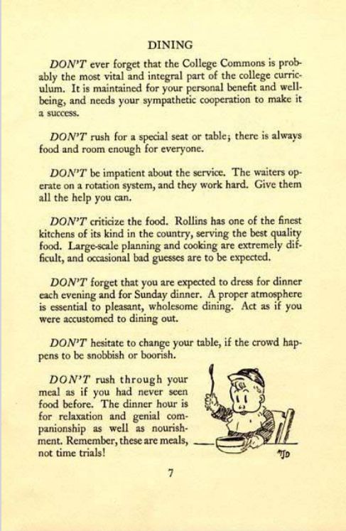 Milford J. Davis '35 gives us a look into a bygone era at #RollinsCollege with a "Freshmen's Don't Book." Don't we all "dress for dinner?" Compare notes by visiting buff.ly/k1NNcl0 
#RollinsHistory
