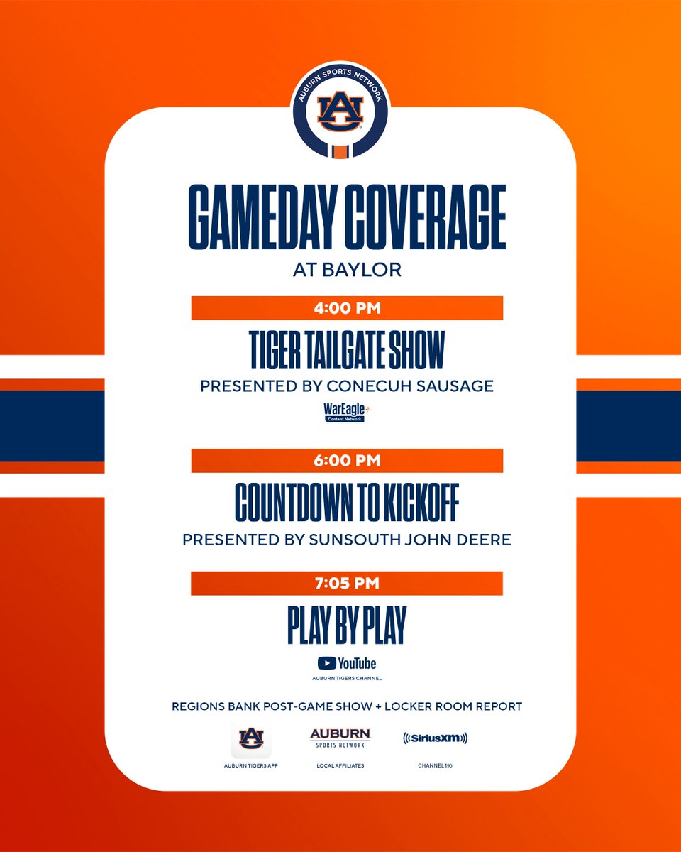 AU Sports Network (@ausportsnetwork) on Twitter photo Auburn Football is back on the radio!
Tonight’s <a href="/AuburnFootball/">Auburn Football</a> coverage ⬇️ 
📻 <a href="/AUSportsNetwork/">AU Sports Network</a> affiliates / <a href="/Wings943FM/">Wings 94.3 FM</a> 
📱 <a href="/AuburnTigers/">Auburn Tigers</a> App
💻 AuburnTigers.com
📺 Tailgate Show on <a href="/WarEaglePlus/">WarEagle+</a> / Booth Cam on youtube.com/@auburntigers
#WarEagle Auburn Football is back on the radio!
Tonight’s <a href="/AuburnFootball/">Auburn Football</a> coverage ⬇️ 
📻 <a href="/AUSportsNetwork/">AU Sports Network</a> affiliates / <a href="/Wings943FM/">Wings 94.3 FM</a> 
📱 <a href="/AuburnTigers/">Auburn Tigers</a> App
💻 AuburnTigers.com
📺 Tailgate Show on <a href="/WarEaglePlus/">WarEagle+</a> / Booth Cam on youtube.com/@auburntigers
#WarEagle