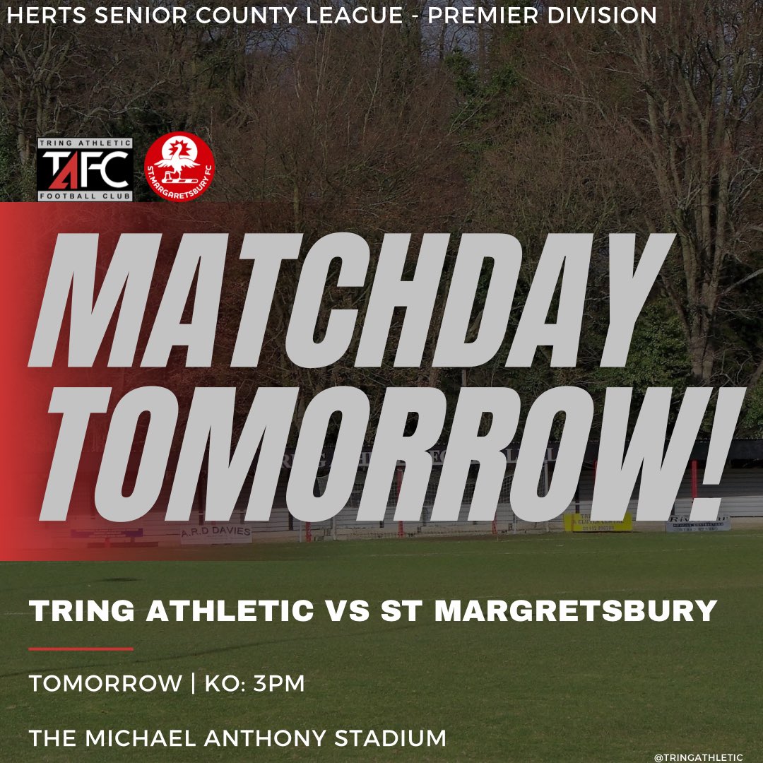 Tring Athletic FC (@tringathletic) on Twitter photo No first team match tomorrow but the reserves are at home.
We beat our attendance record at the last match, let’s do it again! ⚽️
🗓️: Tomorrow
🕒: 3PM
🆚: <a href="/StMargaretsbury/">St Margaretsbury FC</a>
🏟️: The Michael Anthony Stadium
🏆: Herts Senior County League
🎫: AD £5 | CON £3 | U16s FREE
🍻: Bar Open No first team match tomorrow but the reserves are at home.
We beat our attendance record at the last match, let’s do it again! ⚽️
🗓️: Tomorrow
🕒: 3PM
🆚: <a href="/StMargaretsbury/">St Margaretsbury FC</a>
🏟️: The Michael Anthony Stadium
🏆: Herts Senior County League
🎫: AD £5 | CON £3 | U16s FREE
🍻: Bar Open