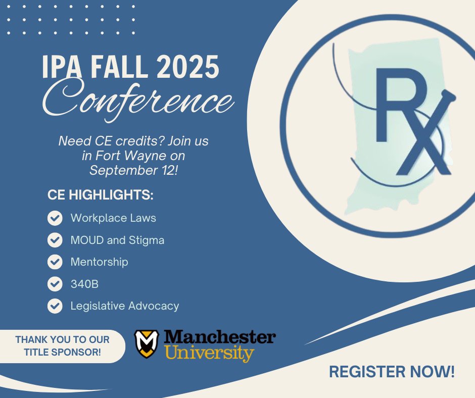 There's 10 DAYS LEFT to register!
Don't miss out and register now! tinyurl.com/2zc4t3nv
Thank you to our sponsors as well!
- Manchester University
- Pharmacists Mutual
- Parkview Health
- Amgen
- Hoosiers Work for Health
- Eli Lilly
- Krieg DeVault
