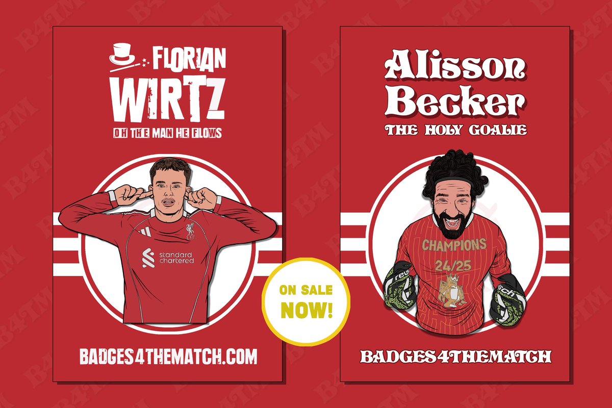 Our NEW badges are now LIVE! 🚨

🎩 Wirtz - Our record signing with his magic tricks!

🧤 Alisson – The Holy Goalie, the best in the world!

Both badges are now available to buy, with rare editions in very limited numbers 👀

Don’t miss out, Reds! #LFC 

badges4thematch.com