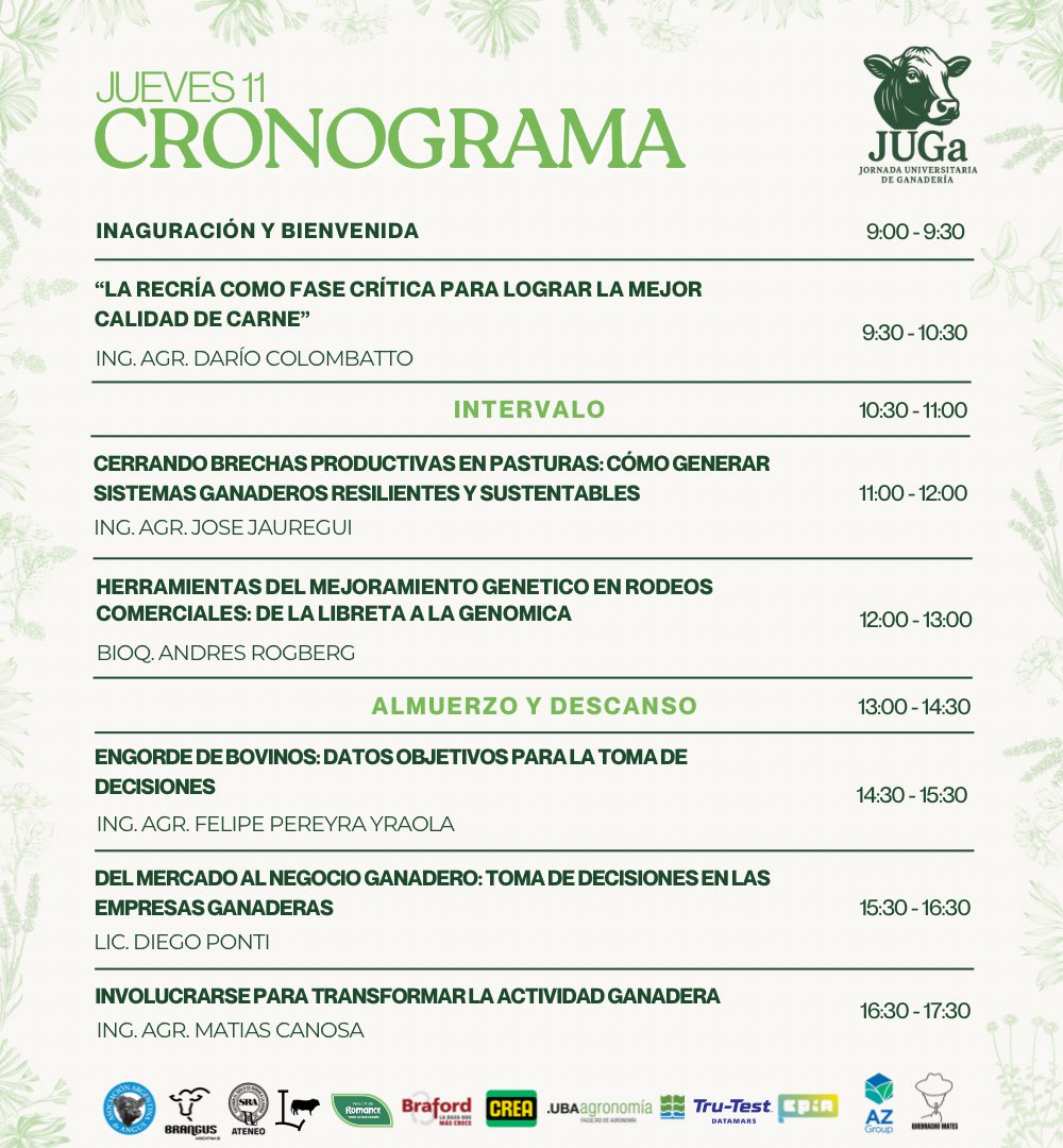 🌱🐄 ¡Ya están los cronogramas de las Jornadas Universitarias!

Charlas, debates y talleres para pensar el futuro del agro y la ganadería.

Vamos a publicar el forms de inscripción en breve 🙌🏼

#Agro #Ganaderia #Universidad #Charlas