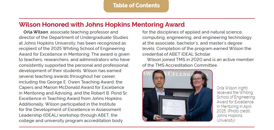 Check it out. <a href="/JHUMaterials/">Johns Hopkins MatSci</a>'s own Orla Wilson is featured in this month's JOM The Magazine from @TMSSociey as the recipient of the 2025 Whiting School of Engineering Award for Excellence in Mentoring.

tms.org/portal/downloa…