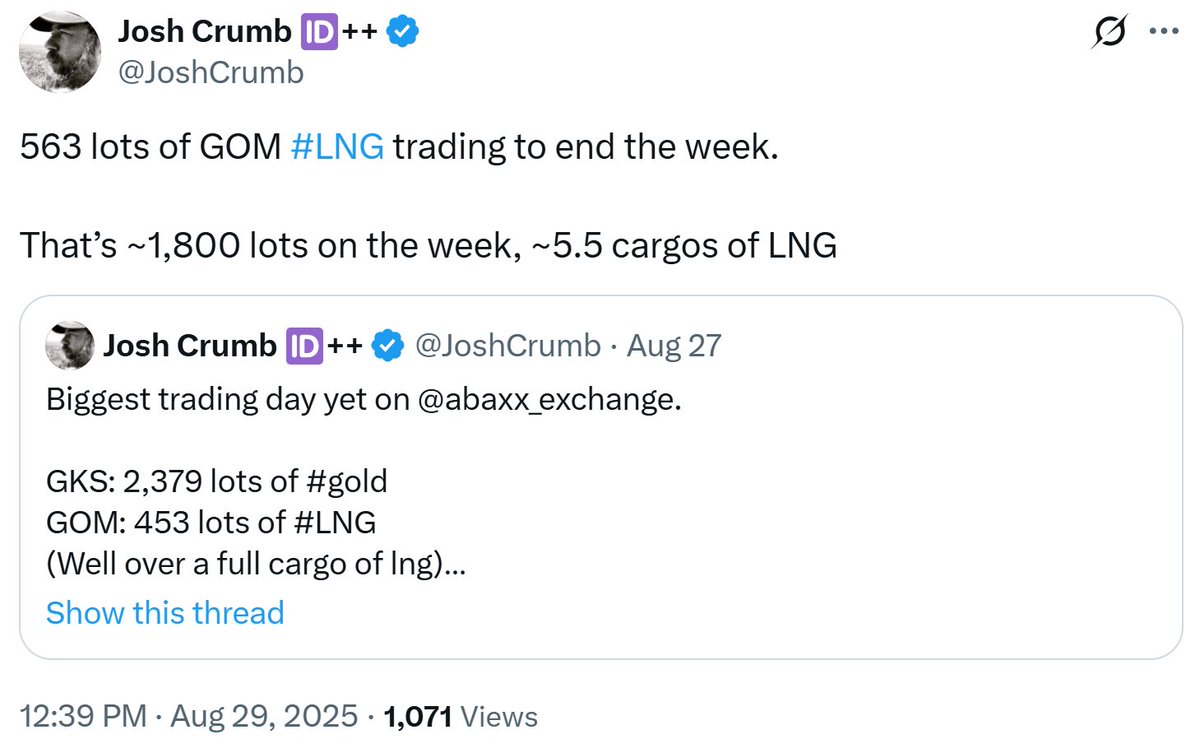 LukeGromen's tweet image. LNG &amp;amp; gold... &amp;amp; physical gold market is so much smaller than the physical energy market globally

Congratulations @JoshCrumb &amp;amp; @abaxx_exchange!