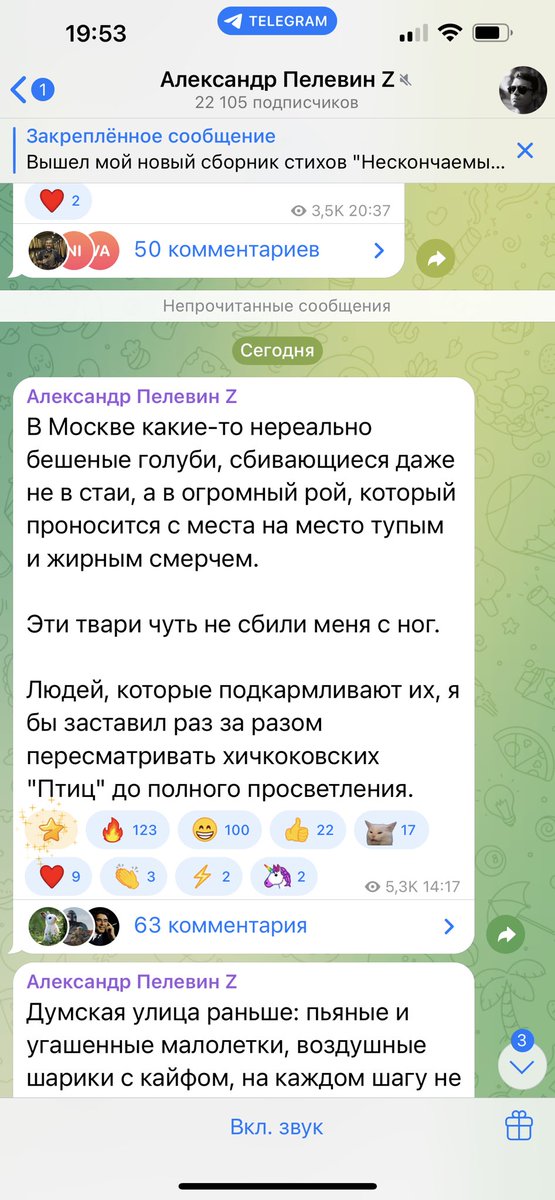 Важную тему поднял Саша Пелевин. Голуби и бабы Сраки которые их кормят, реально зае$ли. Засрали пол Москвы, плодятся как тараканы и количество их реально напрягает. Случится апокалипсис, они мутируют и съедят вообще всех.