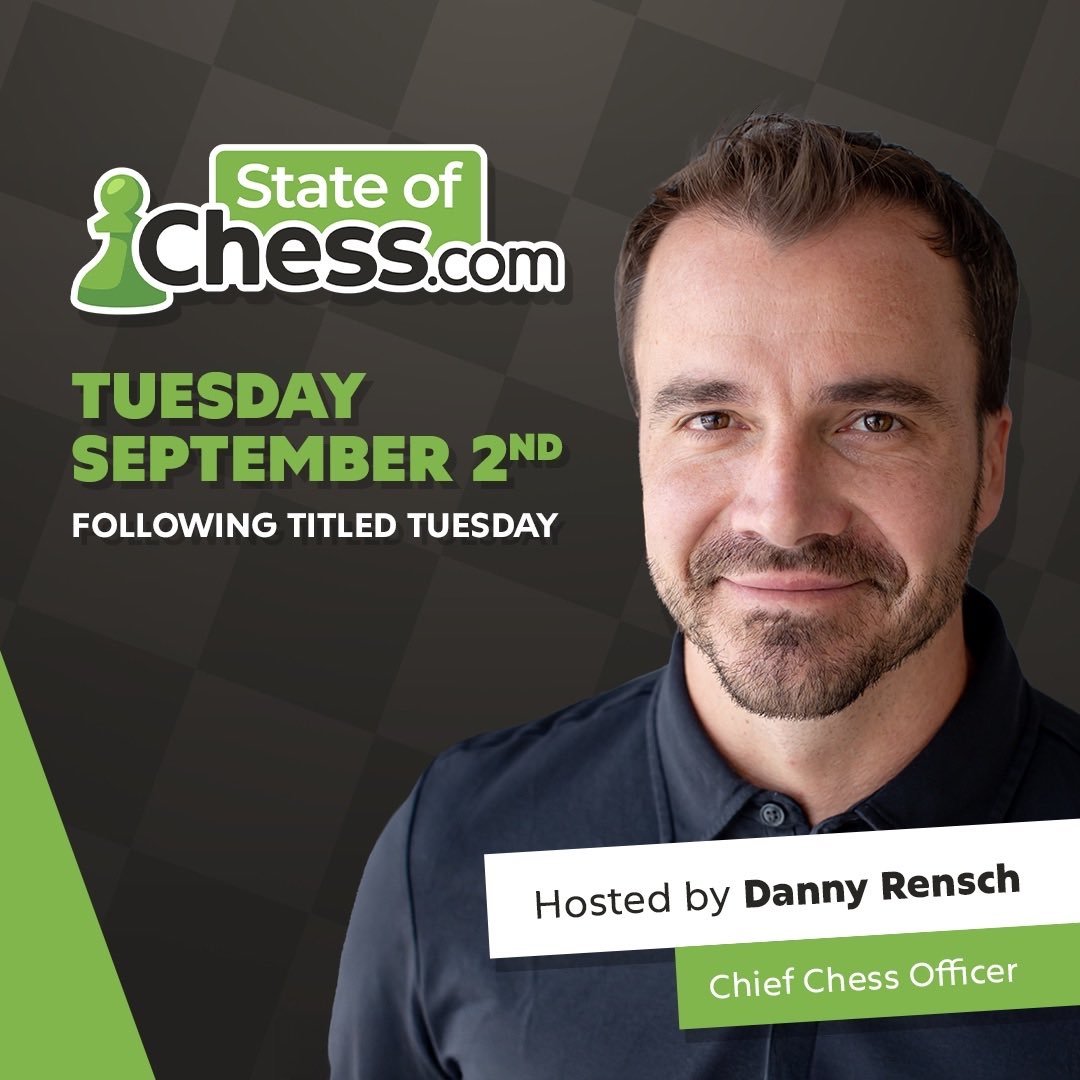 Tune in for the State of Chess broadcast next Tuesday, Sept 2nd at 1:30PM ET! 📺 #StateOfChess

Have questions for Danny and Chess.com? Leave them below for a chance to be answered on air and even win a copy of Dark Squares! 👇