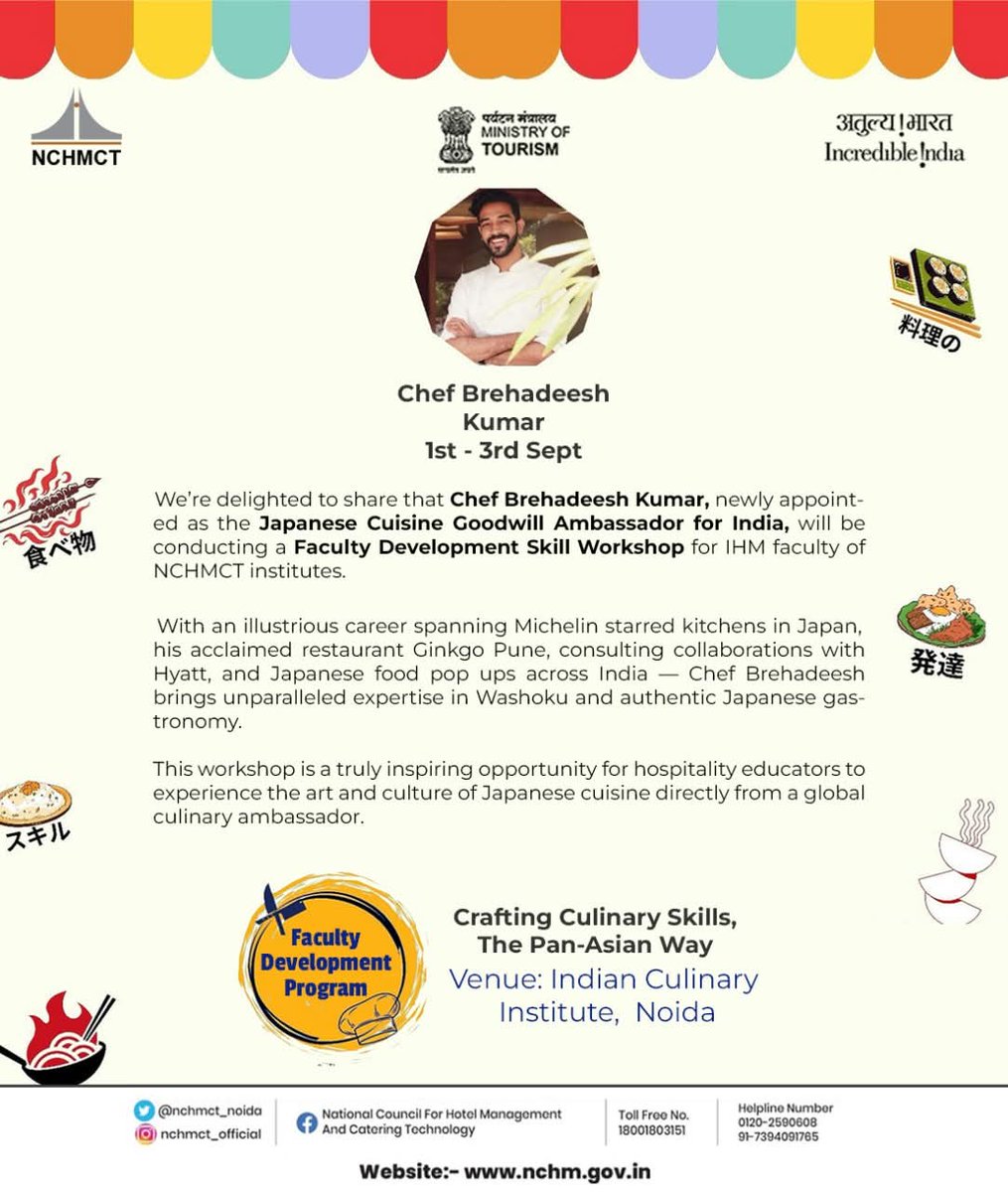 nchm_noida's tweet image. 🍣✨ Crafting Culinary Skills, The Pan-Asian Way!
Join Chef Brehadeesh Kumar from 1st - 3rd Sept at ICI Noida for a Faculty Development Program on authentic Japanese &amp;amp; Pan-Asian cuisine. 🌏👨‍🍳

#NCHMCT #FacultyDevelopment #PanAsianCuisine #JapaneseCuisine #IncredibleIndia