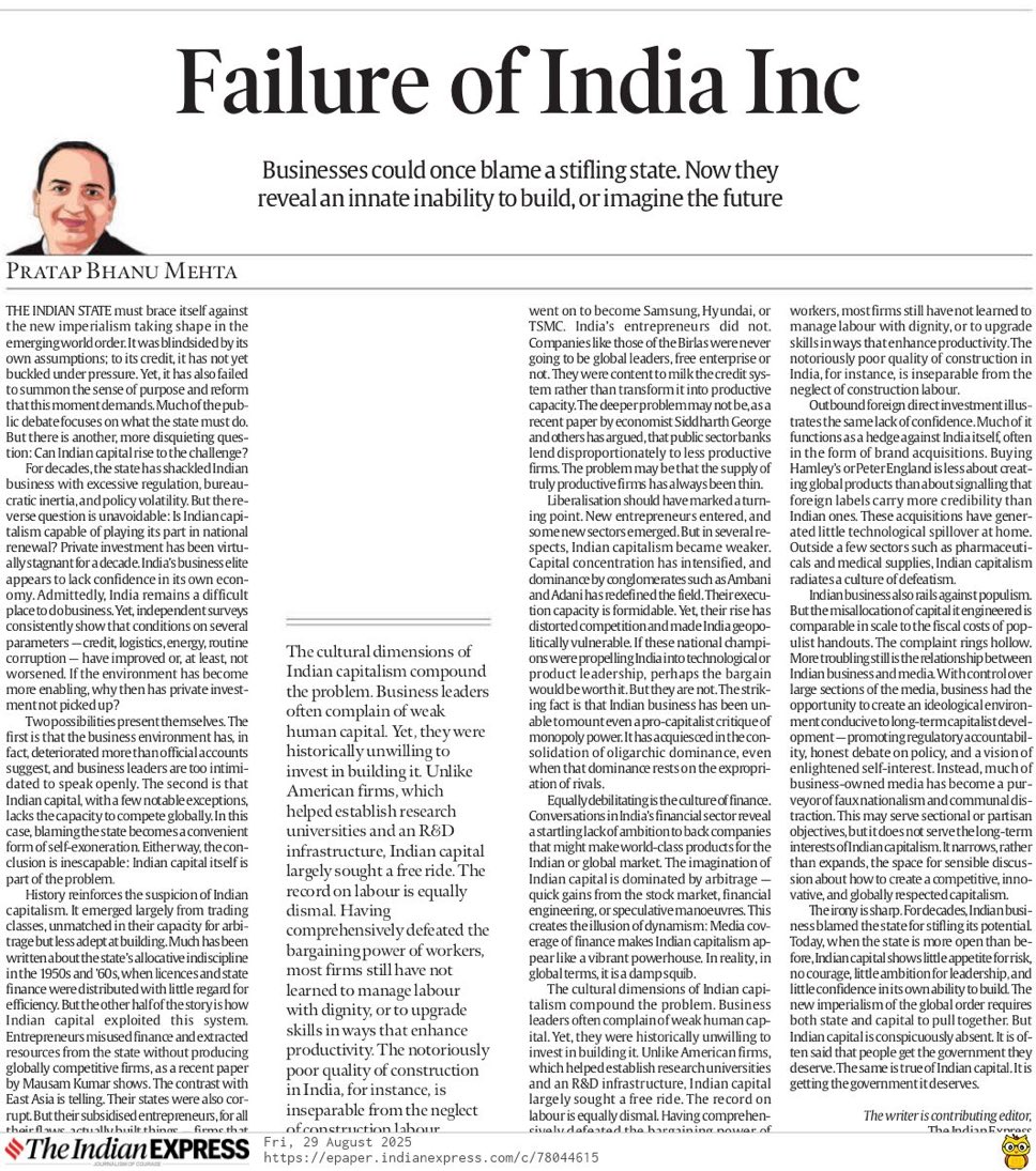 jsensarma's tweet image. This is a Forrest Gump of an essay. Makes everyone happy with an easy villain (the robber baron business titan). But inspect a little deeper and a lot of it chatGPT level slop.

He says American business sponsored R&amp;amp;D. True - but a quick Grok search reveals this started in 1860s…