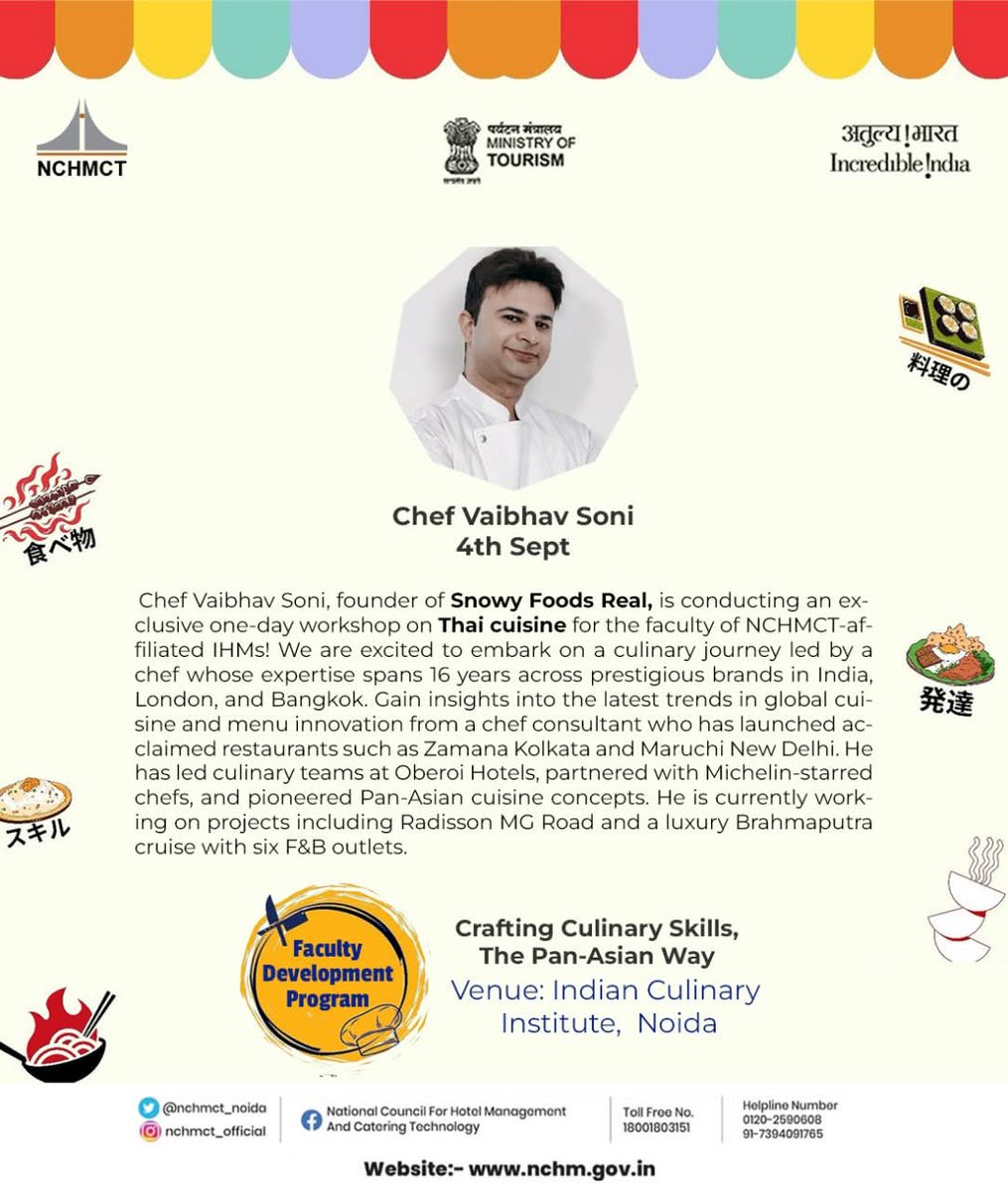 nchm_noida's tweet image. 🌶️✨ Discover the flavors of Thailand with Chef Vaibhav Soni!
Join us on 4th Sept at ICI Noida for an exclusive Faculty Development Program on Thai Cuisine. 🍜👨‍🍳

#NCHMCT #FacultyDevelopment #ThaiCuisine #PanAsianCuisine #CulinaryArts #ChefLife #ICI #IncredibleIndia