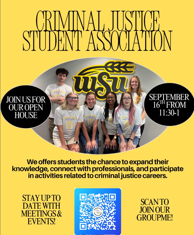 🎉 CJSA Open House
Date: Tuesday, September 16th
Time: 11:30am-1pm
Location: Law Enforcement Training Center, 3rd Floor School of Criminal Justice
Join us for snacks, SCJ tour, and great conversation! Great for new majors and returning students! Connect with all!