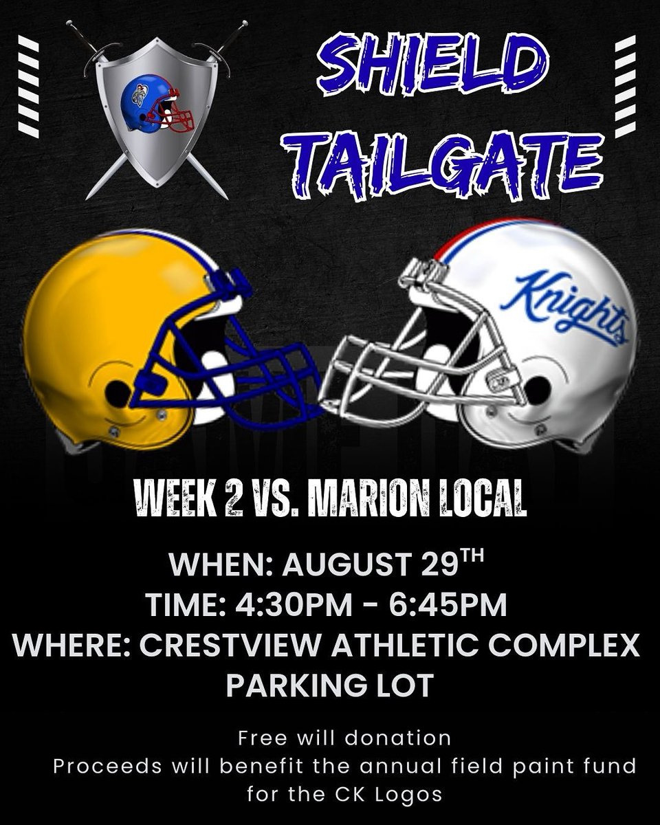 J_Lautzenheiser's tweet image. If you ordered SHIELD apparel, those orders will be available for pickup at our tailgate before the Marion Local game tonight. Bring an appetite! All proceeds benefit the field paint fund for our fresh CK logos. #Knights #OHSAA #NWC