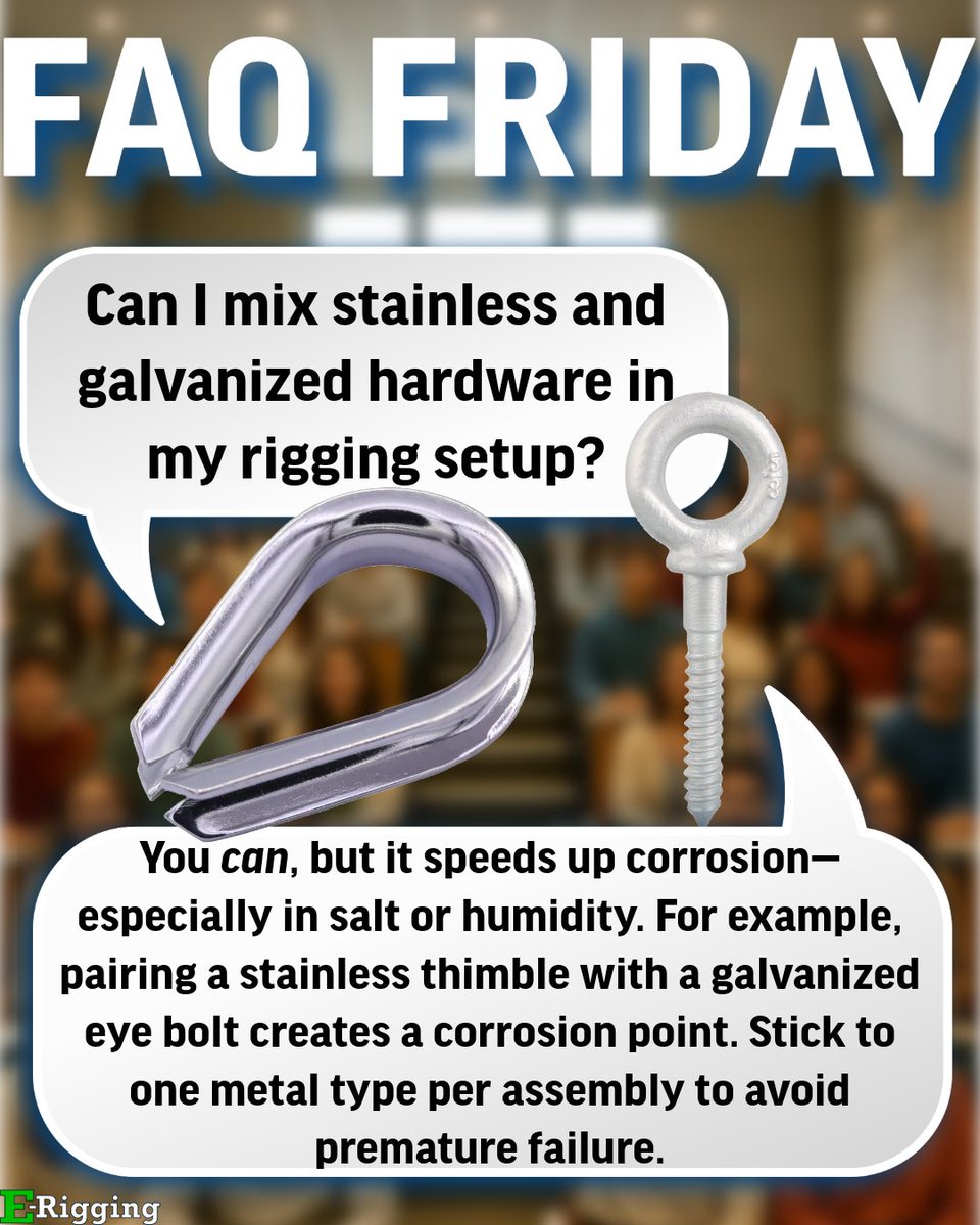 ERiggingcom's tweet image. Stainless + galvanized = fast-tracked corrosion.🚫 Don’t mix metals in your rigging setup. Stick with one type as a best practice. #FAQFriday #RiggingBasics #galling