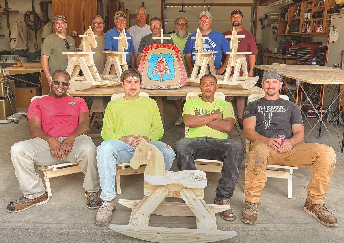 MidAmCarpenters's tweet image. Labor Day parade season has already begun! Members of #Local664 turned out in full force for the Madison County Federation of Labor parade and brought with them handcrafted camp chairs and kids’ rocking horses assembled at our Belleville Training Center that some lucky folks will