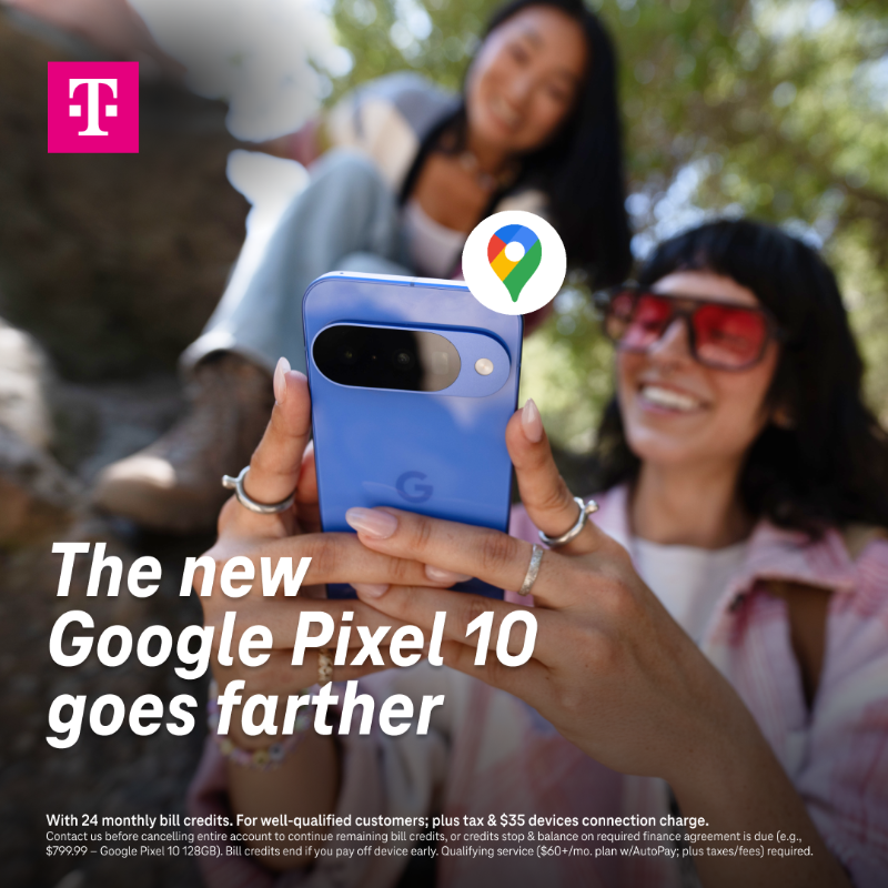 TMobile's tweet photo. Meet the perfect road trip co-pilot with T-Satellite connectivity. Get the Google Pixel 10 on us, on most plans.