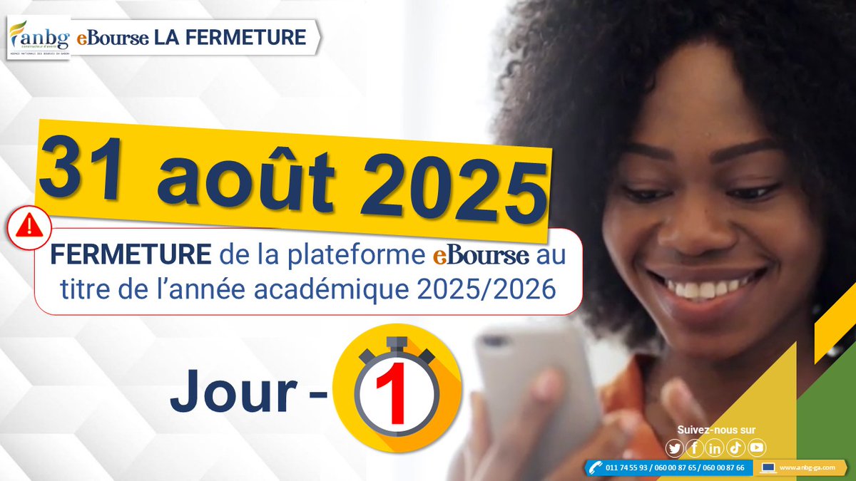 [eBourse LA FERMETURE]🔔

Accédez à eBourse via le lien suivant : 🔗anbg.online/accueil

📱060008765 / 060008766 📞 011745593

Rejoignez notre chaîne WhatsApp : 
🔗 whatsapp.com/channel/0029Va…

#ANBG
#anbggabon