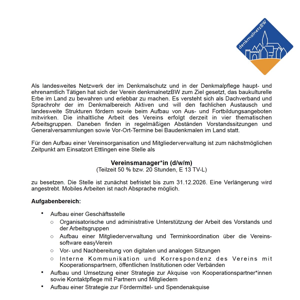 📣 #denkmalnetzBW e.V. sucht Vereinsmanager*in (d/w/m) Teilzeit 50 % bzw. 20 Stunden, E 13 TV-L | #Ettlingen

📅 Frist: 22. September 2025

➡️kultweet.de/jobs/denkmalne…

#Job #Stellenausschreibung #Verwaltung #Projektmanagement #Kulturjobs #Denkmalpflege #Kulturerhalt