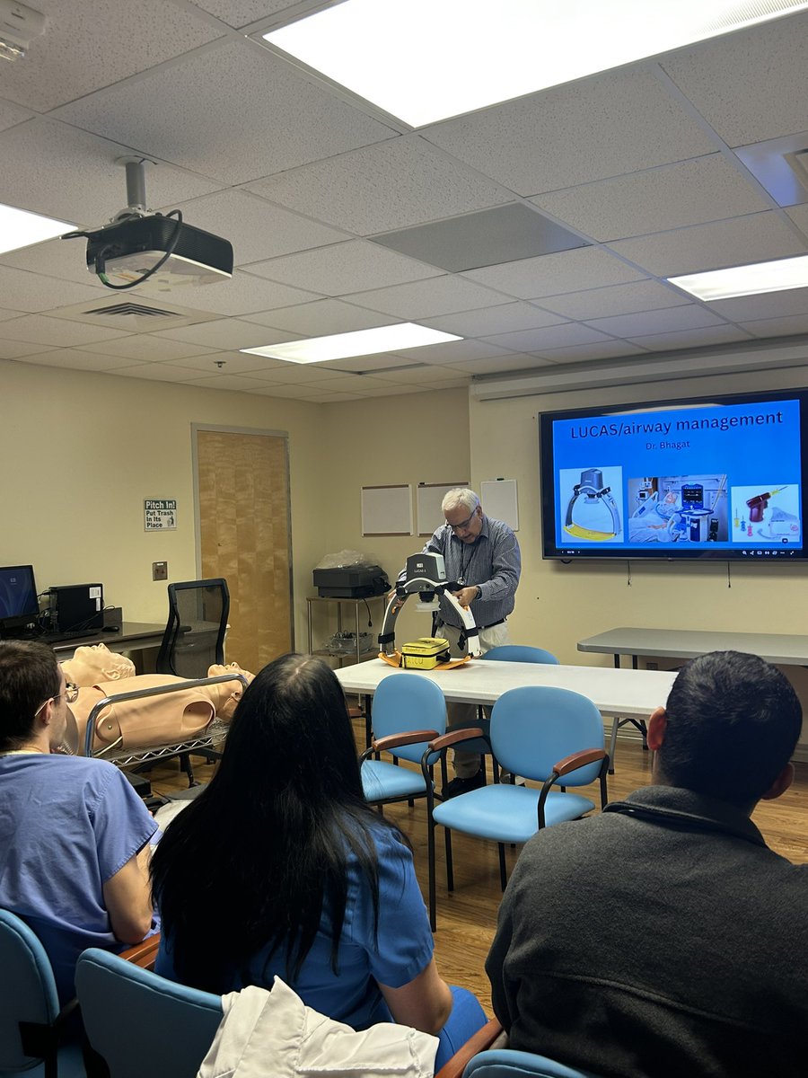 A quick peek into our weekly ACLS/airway refresher course with the one and only Dr. Bhagat over at the VA Medical center. (Seen here demonstrating how to apply the LUCAS device)