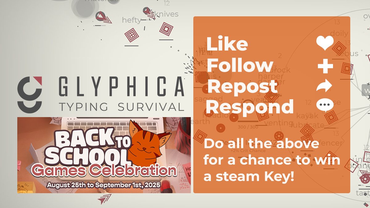 Hey all, we are part of the Back to School Sale on Steam! Sadly, we're on discount cooldown, but we wanted to join the fun by giving a random person a Steam key to Glyphica : Typing Survival! We'll give away one here and one on <a href="/squeakywheelph/">Squeaky Wheel | 🔜 GLYPHICA EA UPDATE</a> so you have 2x chances to win!