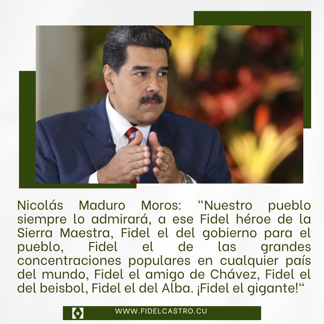 ✍️Presidente de Venezuela,  Nicolás Maduro Moros: "Nuestro pueblo siempre lo admirará, a ese Fidel héroe de la Sierra Maestra, Fidel el del gobierno para el pueblo, Fidel el amigo de Chávez, Fidel el del Alba. ¡Fidel el gigante!"

bit.ly/2uvA3Av
#100AñosConFidel #Cuba