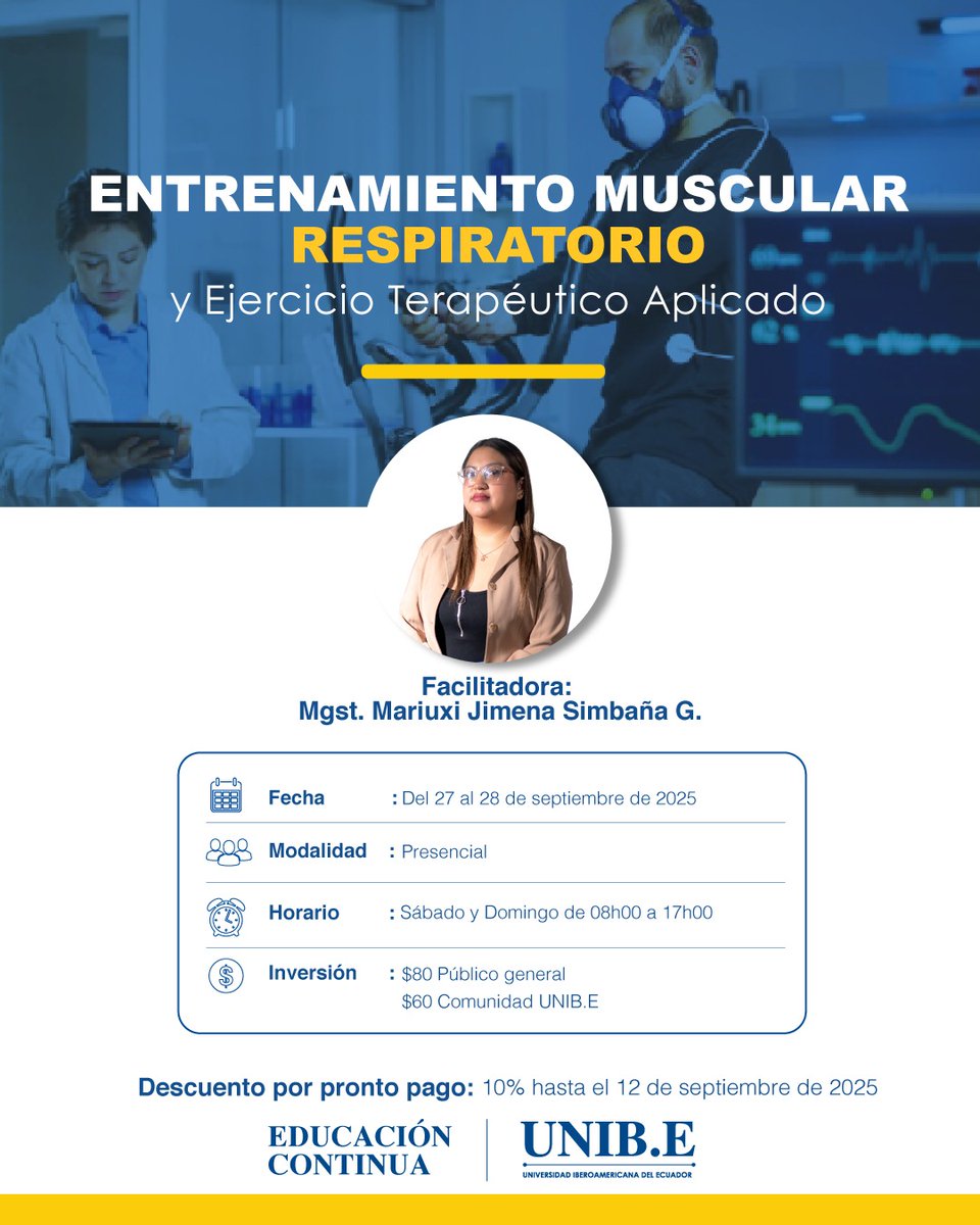 Potencia tu práctica profesional con el Entrenamiento Muscular Respiratorio y Ejercicio Terapéutico Aplicado, donde fortalecerás conocimientos sobre técnicas efectivas en el área clínica.🫁🦵
Para más información: bit.ly/45F20pC
#EducaciónContinua #UNIBE #Fisioterapia
