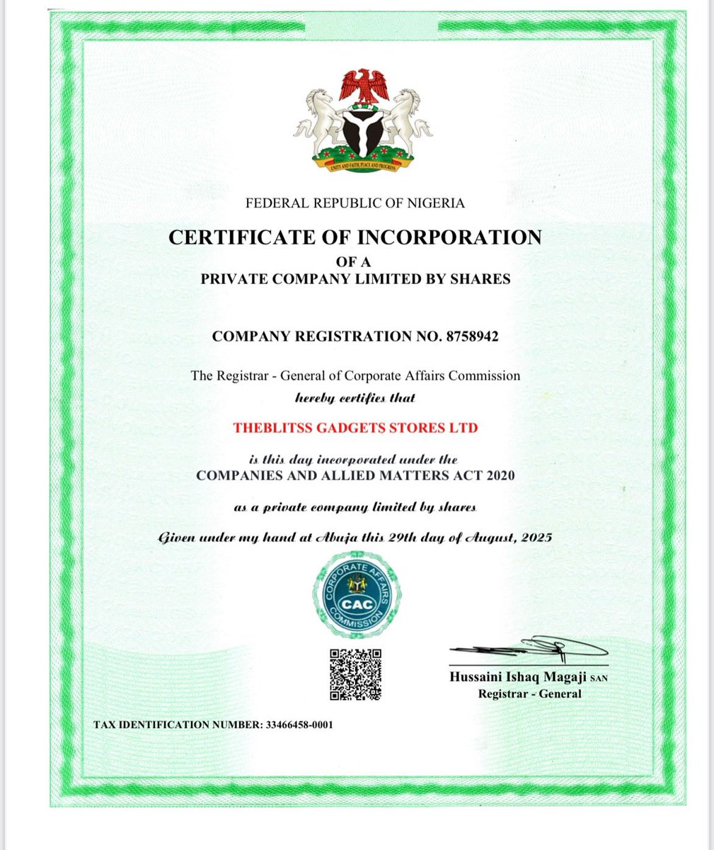 theblitss_store's tweet image. In a bid to further structure our business, we have proceeded to register Theblitss  Gadgets Stores as a separate company. This marks a significant step toward building and organizing our business conglomerate. Congratulations to us 🎉🍾🎈