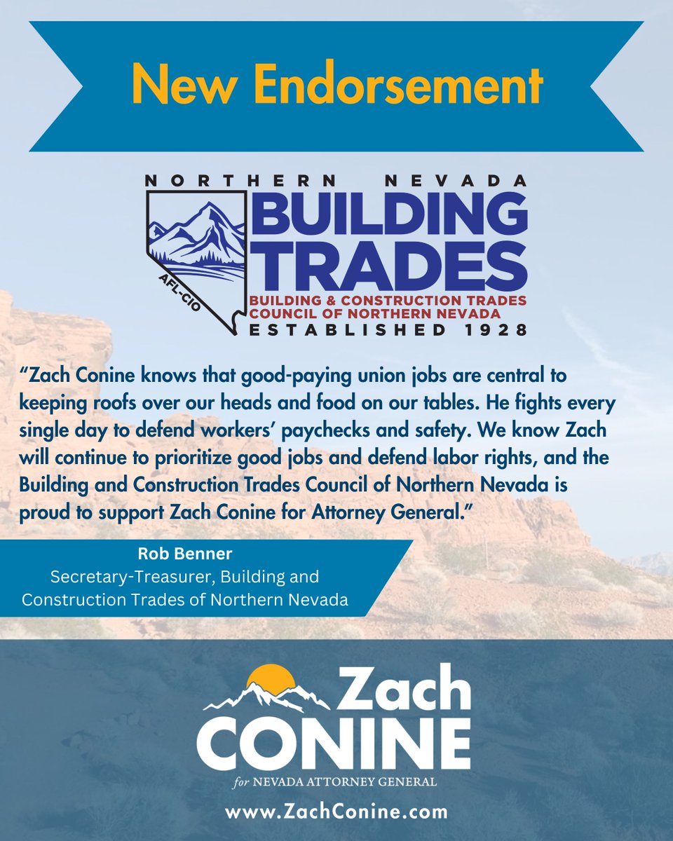 The more than 7,000 members of <a href="/BCTNNevada/">Building Trades NV</a> protect Nevadans' health and safety, keep us comfortable, and make it possible for our economy to function. As Nevada's next Attorney General, I will always fight for workers. I am proud to earn their endorsement.