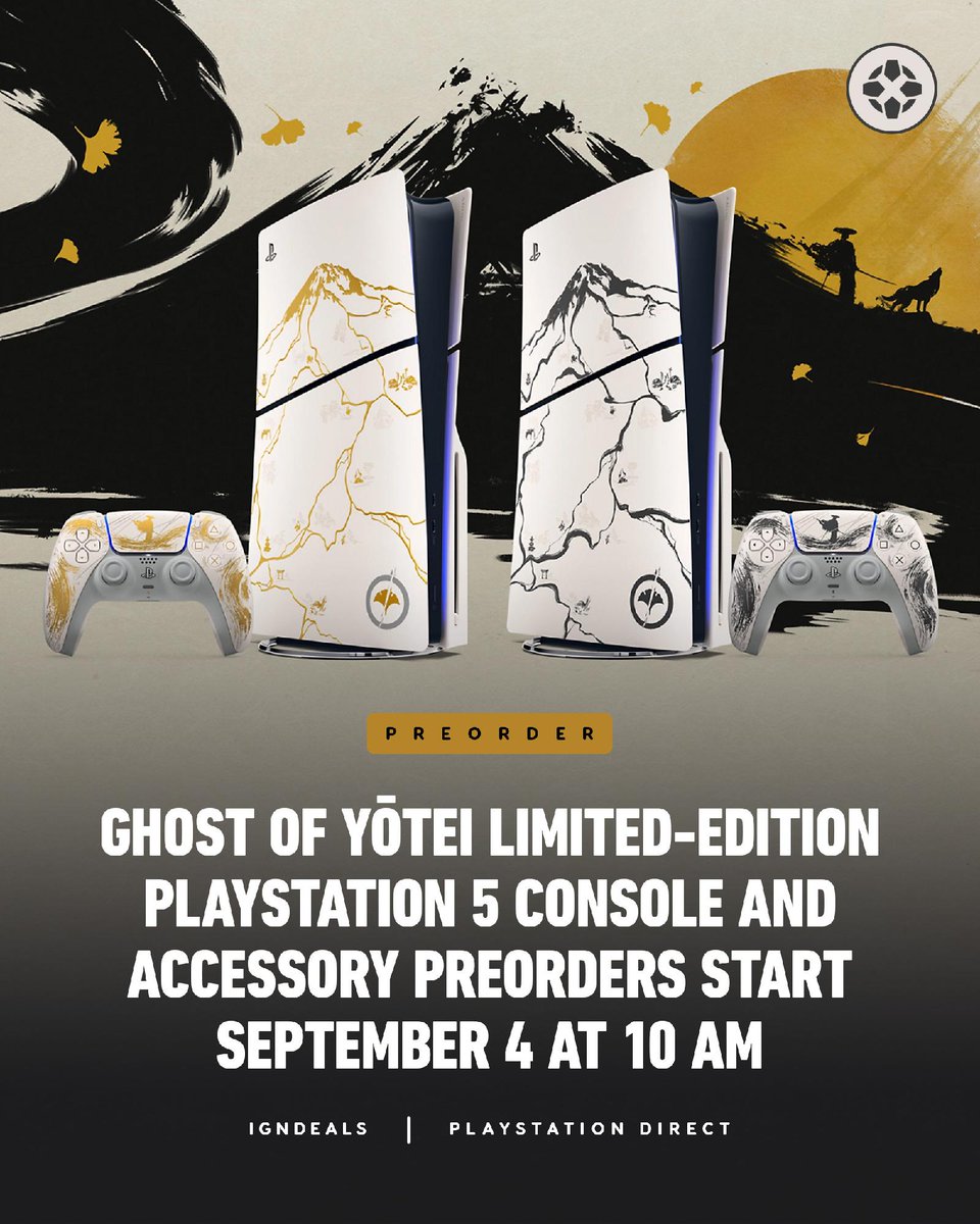 IGNDeals's tweet photo. Ghost of Yotei PS5 limited-edition consoles, controllers and console covers going live at 10 AM local time on September 4, release date is October 2. https://t.co/gdID0FVraN https://t.co/gYugzRBAv3