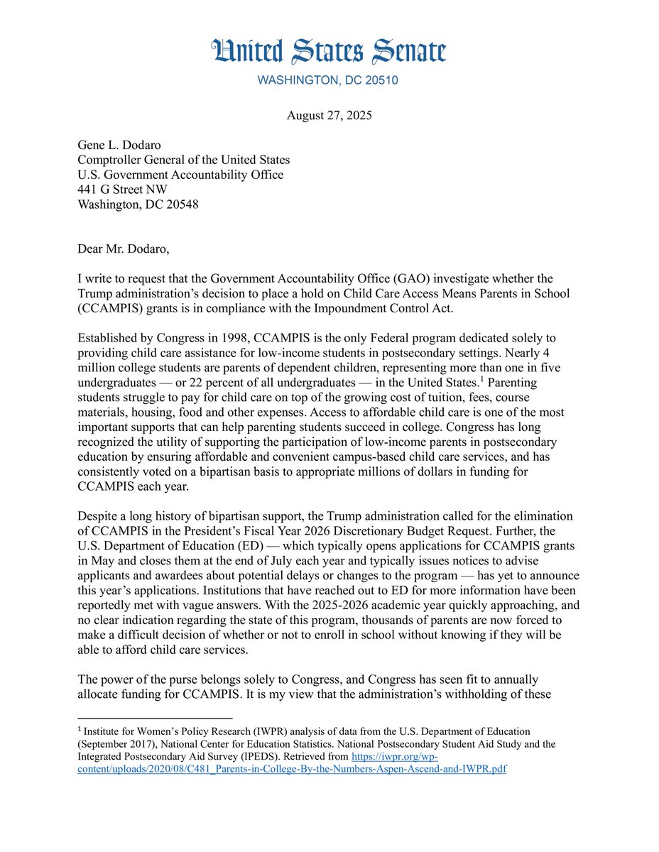 SenDuckworth's tweet image. A new level of cruel? Trump is illegally withholding child care grants for parents in college—

Forcing them into an impossible choice: drop out or take on more debt.

I’m demanding an investigation. 

These funds that Congress already approved must be released immediately.