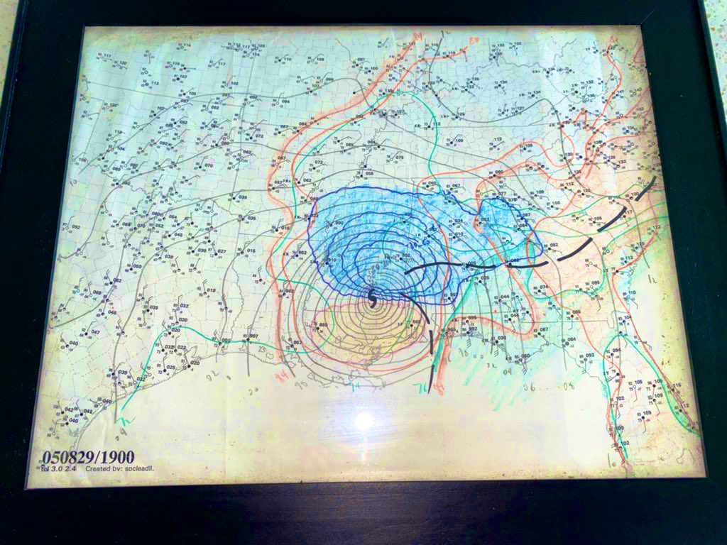 DylanFedericoWX's tweet image. My Aunt brought me on a tour at the @NWSSPC two days after #Katrina. I was in 5th grade but already knew what I wanted to do when I grew up. 

One of the forecasters gave me this hand drawn surface analysis of Hurricane Katrina. Have it framed to this day. 🌀