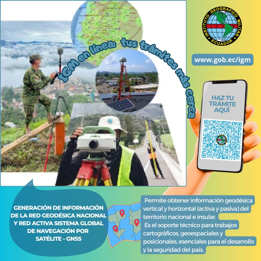 ✅ #TrámitesEnGobEc | Información geodésica en línea
📡 ¿Necesitas datos precisos para proyectos cartográficos o de ingeniería?
Accede a la Red Geodésica Nacional y Red Activa GNSS del <a href="/IGM_Ecuador/">Instituto Geográfico Militar</a>  👉 gob.ec/igm
