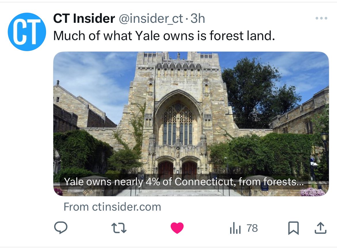 This article is wrong. Article states Yale owns 10,500 acres of Connecticut’s 3,000,000 acres. Simple math makes that 0.35% (less than 1 percent) vs. the 4% the article claims. <a href="/insider_ct/">CT Insider</a> <a href="/Yale/">Yale University</a> <a href="/YaleAlumni/">Yale Alumni</a> <a href="/yaledailynews/">Yale Daily News</a> #BoolaBoola