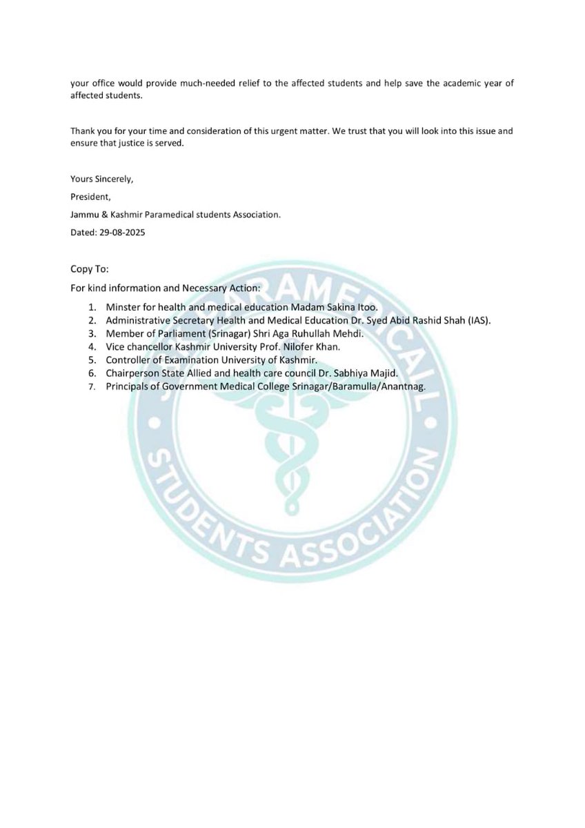 jandkahsa's tweet photo. The J&amp;K Paramedical Students Association has written to the Hon’ble Lt. Governor Shri Manoj Sinha and the Hon’ble CM of J&amp;K Shri Omar Abdullah, seeking immediate action over the withholding of admit cards for BSc Paramedical students of Government Medical Colleges (Srinagar). https://t.co/0s7BcX4ncc